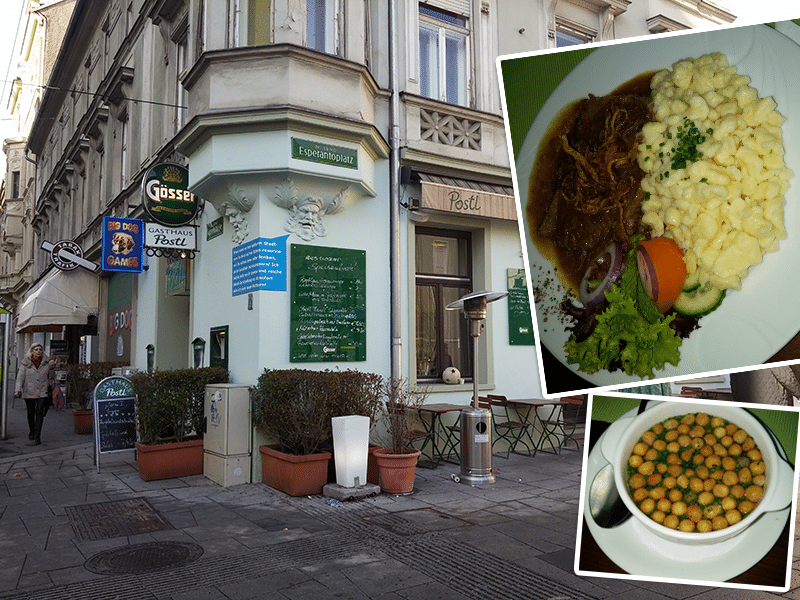 Backerbsensuppe und Zwiebelrindschnitzerl mit Spätzle als Mittagsmenü im Gasthaus Postl um 7,40 €