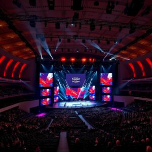 Interior of the Grazer Stadthalle configured for a large concert event similar to Songcontest Graz