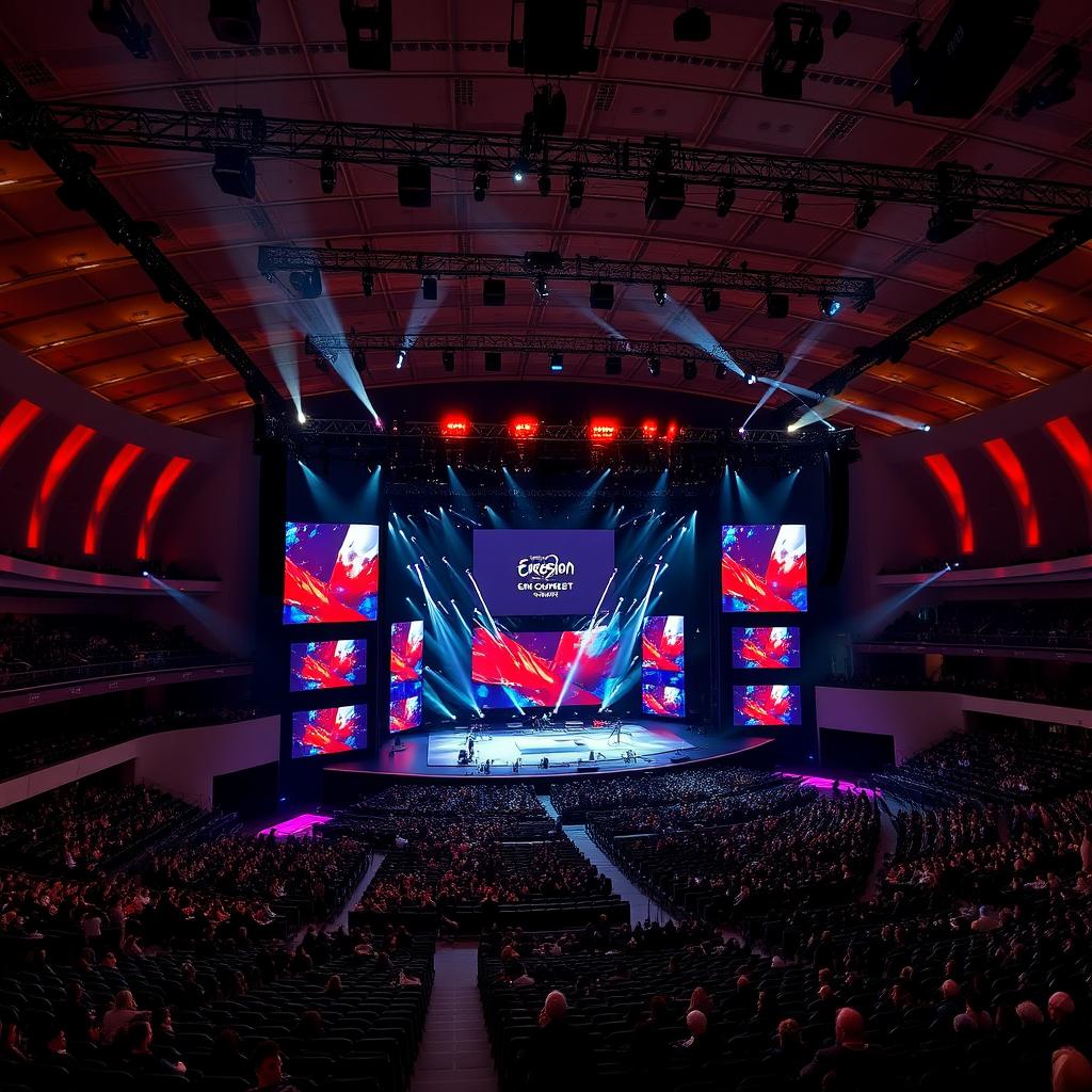 Interior of the Grazer Stadthalle configured for a large concert event similar to Songcontest Graz